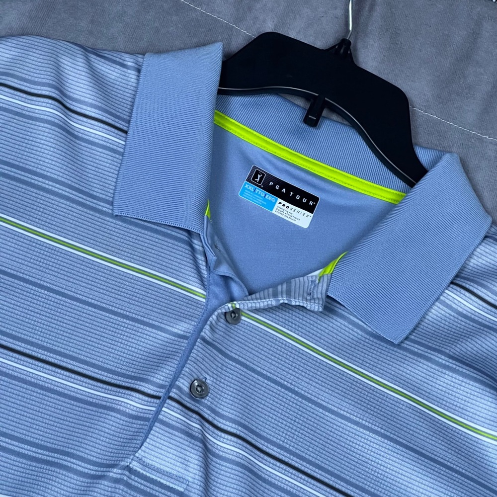 PGA Tour Polo Shirt Mens XXL Blue Striped Pro Series Athletic Fit Short